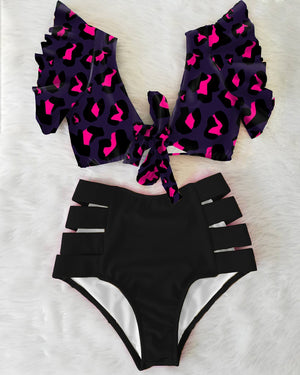 Women's Polyester V-Neck High Waist Sexy Swimwear Bikini Set