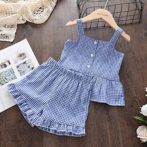 Baby Girl's Cotton Sleeveless Casual Pullover Plaid Pattern Suit