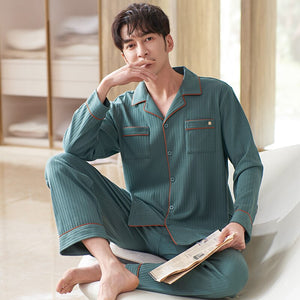 Men's Cotton Turndown Collar Elastic Waist Pajamas Sleepwear Set