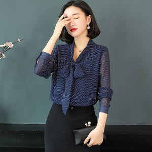 Women's V-Neck Polyester Full Sleeves Dotted Casual Wear Blouses