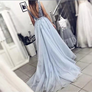Women's Polyester Deep V-Neck Backless Luxury Party Evening Dress