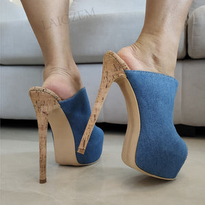 Women's Denim Peep Toe Solid Pattern Thin High Heel Party Shoes