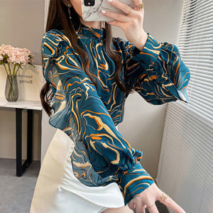 Women's Stand Collar Lantern Long Sleeves Casual Loose Blouse