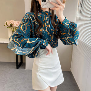 Women's Stand Collar Lantern Long Sleeves Casual Loose Blouse