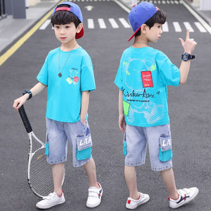 Kid's Cotton Short Sleeves Pullover Closure Elegant Two-Piece Set