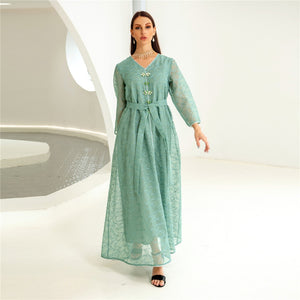 Women's Arabian Polyester Full Sleeve Mesh Pattern Elegant Abaya