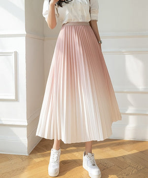Women's Polyester Mid-Calf High Waist Pleated Casual Plain Skirt