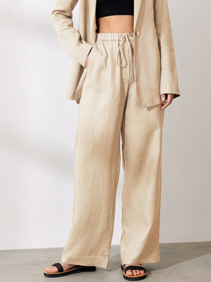 Women's Polyester Mid Elastic Waist Closure Vintage Trousers