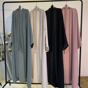 Women's Arabian V-Neck Polyester Full Sleeve Pearl Pattern Abaya