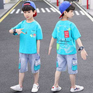 Kid's Cotton Short Sleeves Pullover Closure Elegant Two-Piece Set
