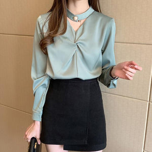 Women's Halter V-Neck Long Flare Sleeves Casual Loose Blouse