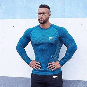 Men's Polyester O-Neck Quick Dry Gym Wear Striped Pattern Shirt