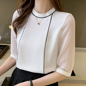 Women's O-Neck Polyester Short Sleeve Solid Pattern Casual Blouse
