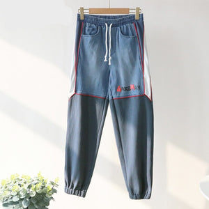 Women's Cotton Calf-Length High Waist Patchwork Vintage Pants