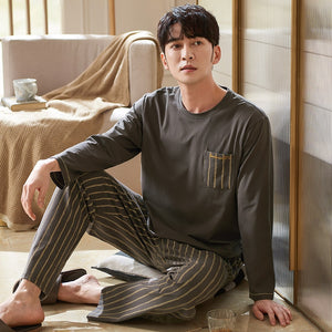 Men's Cotton O-Neck Elastic Waist Casual Pajamas Sleepwear Set