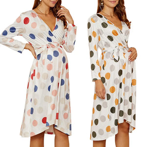 Women's Polyester Long Sleeves Dotted Breastfeeding Maternity Dress