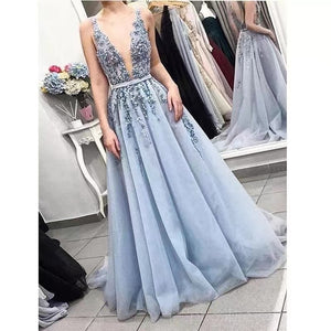 Women's Polyester Deep V-Neck Backless Luxury Party Evening Dress
