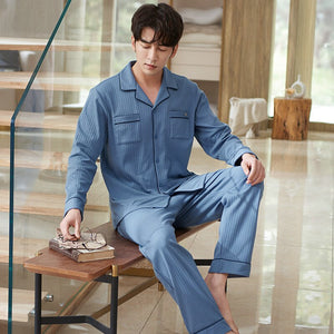 Men's Cotton Turndown Collar Elastic Waist Pajamas Sleepwear Set