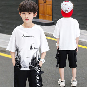 Kid's O-Neck Cotton Short Sleeves Printed Two-Piece Suit