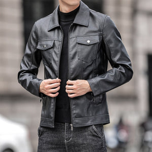 Men's Faux Leather Turn Down Collar Long Sleeve Zipper Jacket
