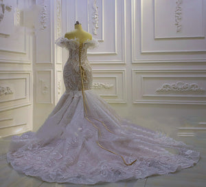 Women's V-Neck Short Sleeves Lace-Up Mermaid Bridal Wedding Dress