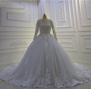 Women's High Neck Full Sleeves Court Train Bridal Wedding Dress