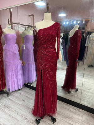 Women's Polyester Sparkling Tulle Beaded Crystals Slit Dress