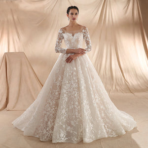 Women's Boat-Neck Full Sleeves Lace Up Sweep Train Wedding Dress