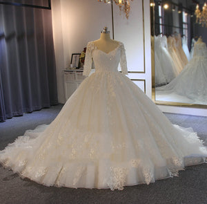 Women's V-Neck Half Sleeves Sweep Train Wedding Bridal Dresses