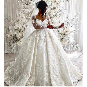 Women's V-Neck Lace-Up Full Sleeves A-Line Wedding Gown