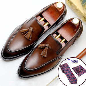 Men's Genuine Leather Pointed Toe Slip-On Tussel Formal Shoes