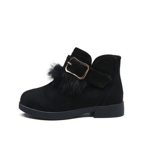 Kid's Flock Round Toe Pin Buckle Strap Closure Winter Ankle Boots