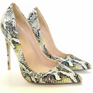 Women's Leather Snake Print Pointed Toe High Heel Pumps Shoe