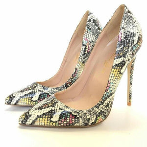 Women's Leather Snake Print Pointed Toe High Heel Pumps Shoe