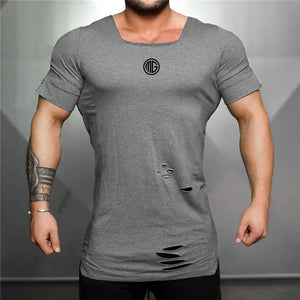 Men's Square Neck Short Sleeve Hole Ripped Stretchy Sportswear T-Shirt