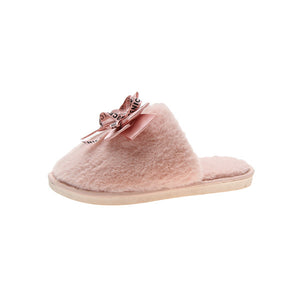 Women's Round Toe Faux Fur Bow-Knot Strap Flat Indoor Slippers