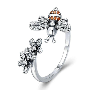 Women's 100% 925 Sterling Silver Bee Floral Cubic Zircon Stud Ring