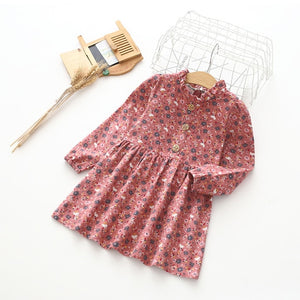Kid's Round Ruffle Neck Long Sleeve Floral Button Flared Dress