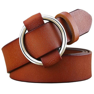 Women's Genuine Leather Strap Round Alloy Pin Buckle Closure Belts