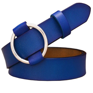 Women's Genuine Leather Strap Round Alloy Ring Buckle Closure Belts