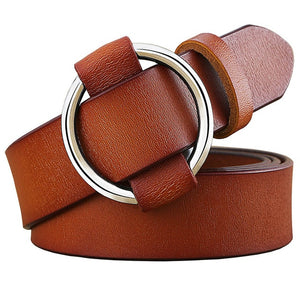Women's Genuine Leather Strap Round Alloy Ring Buckle Closure Belts