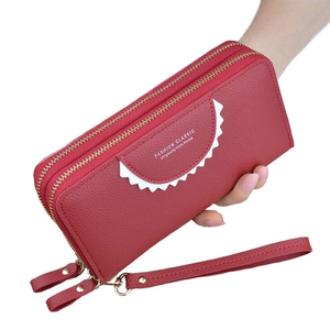Women's Leather High Capacity Double Zipper With Wristband Purses