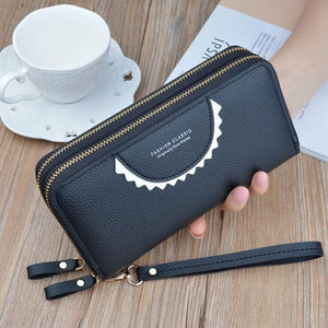 Women's Leather High Capacity Double Zipper With Wristband Purses
