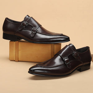 Men's Genuine Leather Pointed Toe Buckle Strap Slip-On Formal Shoe