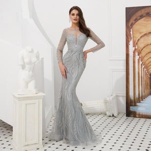 Women's Boat Neck Long Sleeve Sparkly Beaded Mermaid Gown