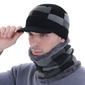 Men's Cloth Linen Patchwork Hat With Neck Fur Winter Wear Scarf