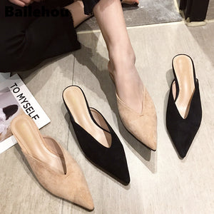 Women's Flock Pointed Toe Low Heel Slip-On Slide Slippers