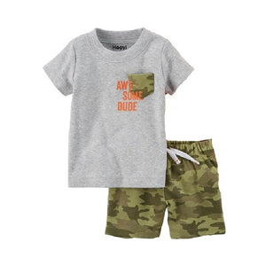 Baby Boy's Round Neck Cartoon Printed T-Shirt With Short Set