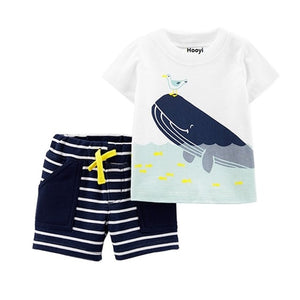 Baby Boy's Round Neck Cartoon Printed T-Shirt With Short Set