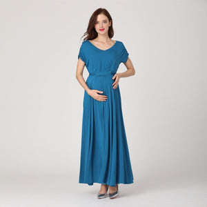 Women's Round Neck Short Sleeve Plain Long Maternity Dress